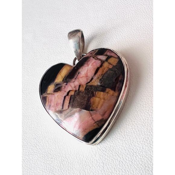 Sterling Silver Argentine Rhodozite Heart Pendant Pink Black Gray 1.5” 15g Boho - Picture 2 of 9